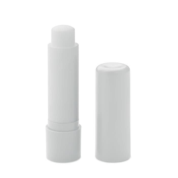 A white lip balm tube with a removable cap, showcasing a sleek, minimalistic design.