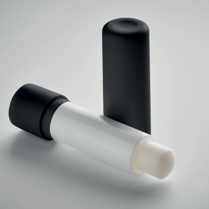 A drink bottle featuring a black cap and a white body, with a smooth cylindrical design. It has a logo on the cap.