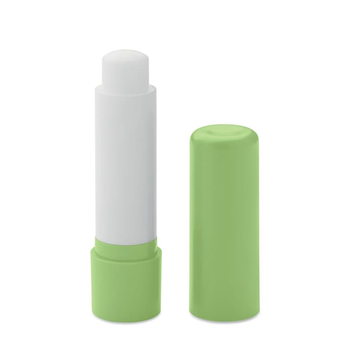 A lip balm tube with a white and green design, featuring a removable cap and a simple logo.