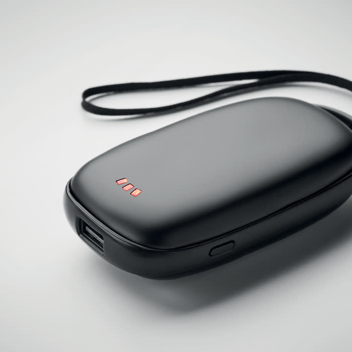 A black portable charger with a smooth finish and a strap, featuring three red indicator lights on top.