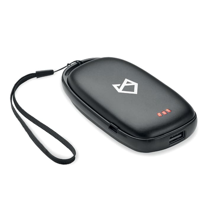A portable black power bank with a lanyard, featuring three LED indicator lights and a USB port.