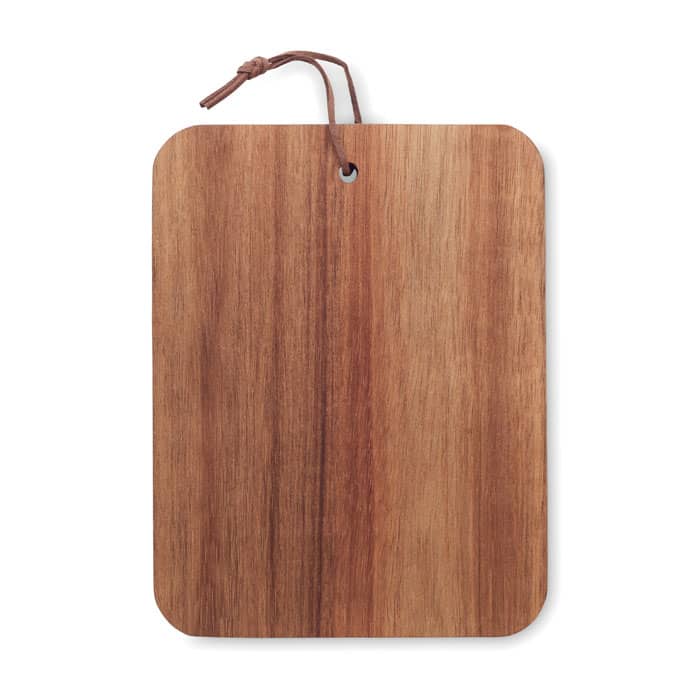 A wooden cutting board with a natural finish and a hanging tie. The surface displays a smooth, textured grain.