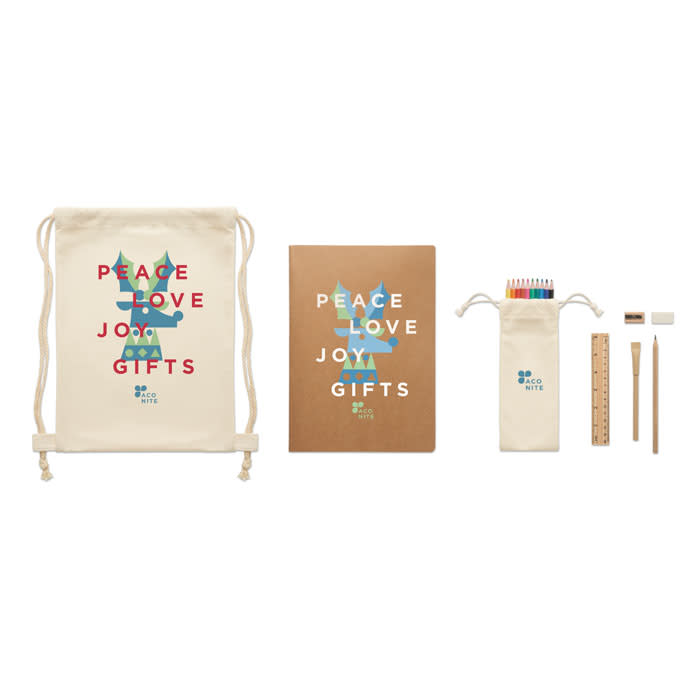 A canvas drawstring bag with colourful graphics, a notebook, a pencil case, and art supplies including markers and a ruler.