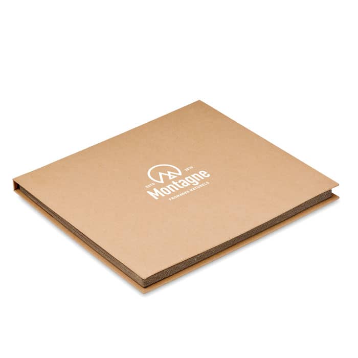 A square, brown promotional product with a logo on the front, featuring a simple design and sturdy binding.