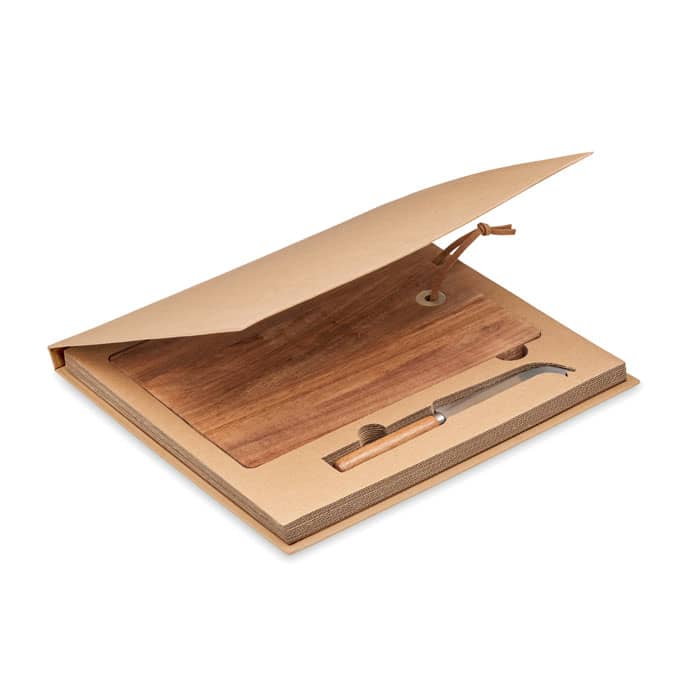 A wooden cutting board and knife set displayed in a beige leather-like folder with closures.