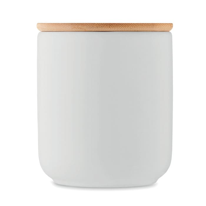 A drink bottle in a matte white finish with a natural wood lid, featuring a sleek and modern design.
