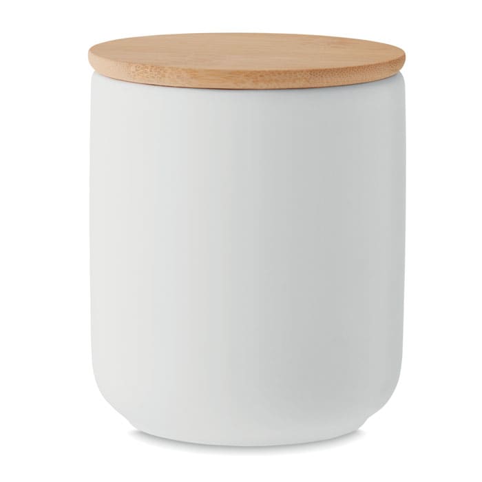 A storage jar featuring a white ceramic body and a natural wooden lid. Minimalist design with a modern aesthetic.