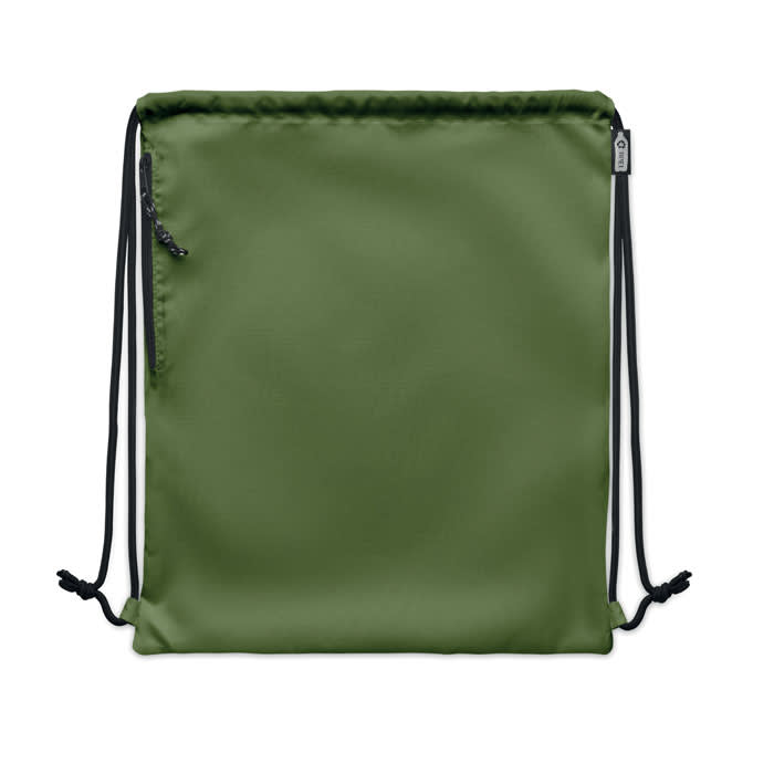 A drawstring backpack in olive green with a zip pocket and black cords. Features a simple, unadorned design.