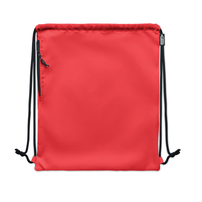 A drawstring bag in bright red with a black zipper and cords, featuring a plain design.