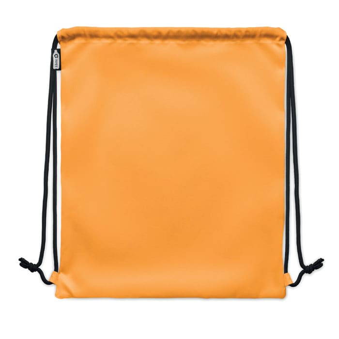 A drawstring bag in bright orange with black cords, featuring a simple, unmarked design.