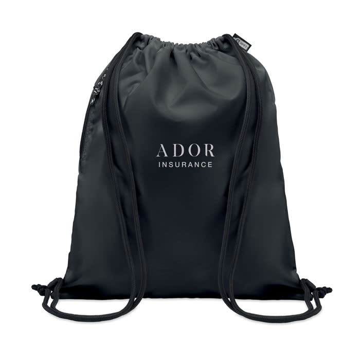 A drawstring backpack in black, featuring a logo in the centre. Includes zippered side pocket.