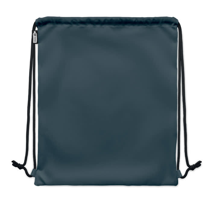 A drawstring backpack in a dark navy blue colour with black cords. It features a logo on the side.