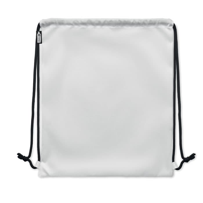 A drawstring backpack in white with black cords. It has a logo on one side.