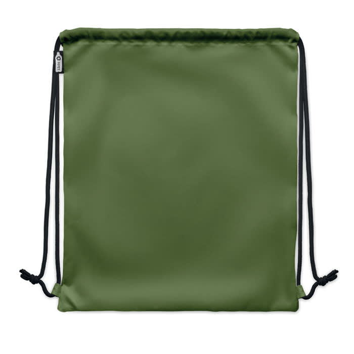 A drawstring backpack in olive green with black cords and a logo on the side.