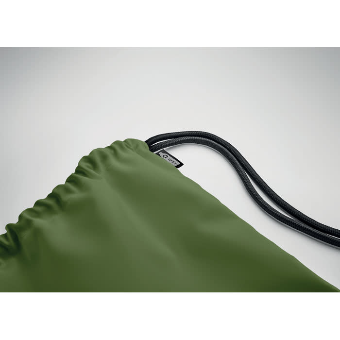 A drawstring bag in olive green with a black cord and a small logo on the side.