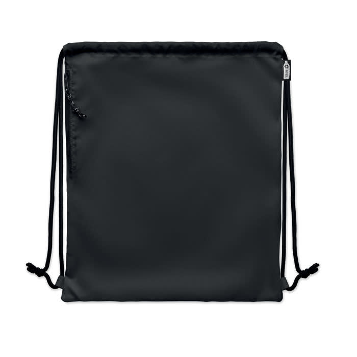 A drawstring bag in solid black with adjustable straps and a zippered pocket on the side.