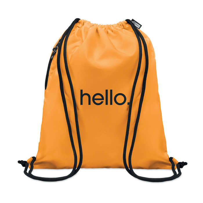 A drawstring backpack in vibrant orange with a black logo. Features black straps and a zip pocket.