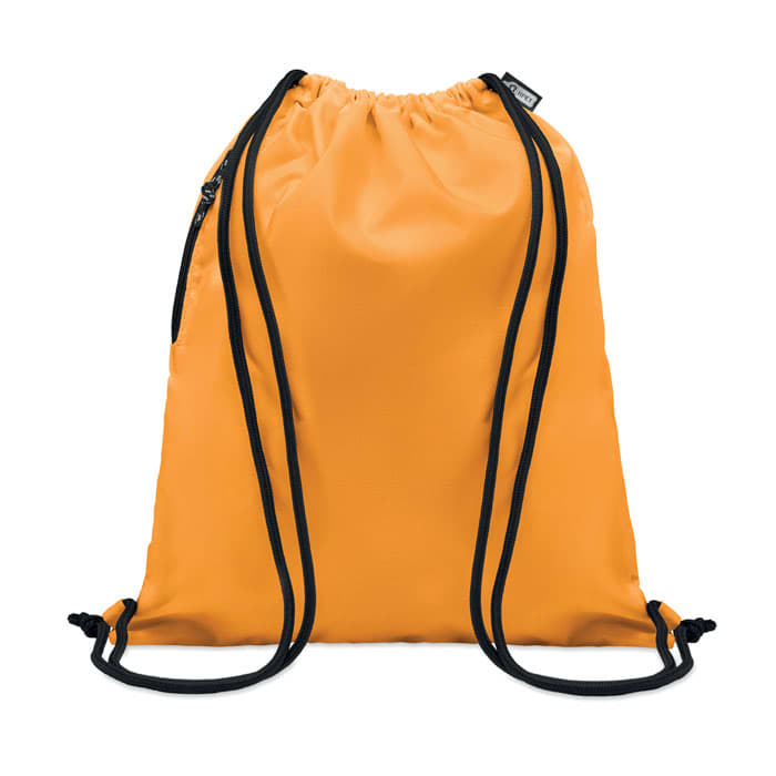 A drawstring backpack in bright orange with black straps and a small zippered pocket.