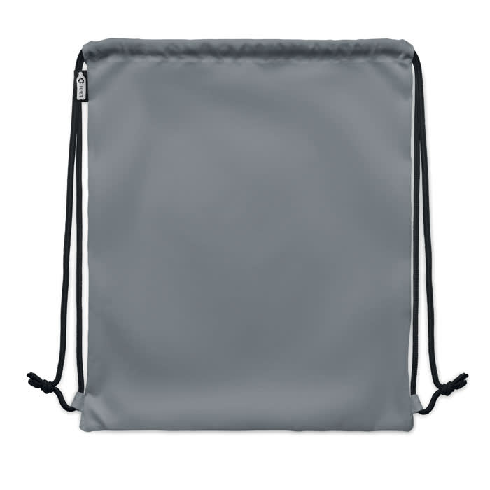 A grey drawstring bag with black cords, featuring a simple and smooth surface design.