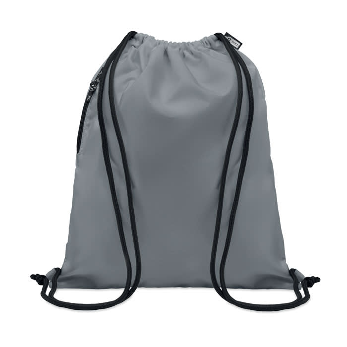 A drawstring backpack in grey with black cords and a logo on the front.