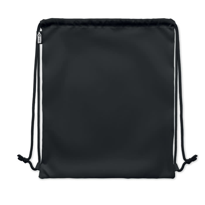 A drawstring backpack in solid black, featuring white accents and adjustable straps. It has a sleek, minimalist design.