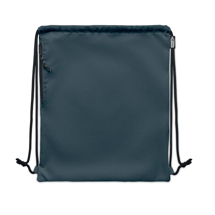 A drawstring backpack in a deep teal colour, featuring a zippered side pocket and adjustable cords.