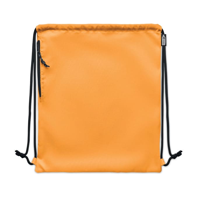 A drawstring backpack in bright orange with a black zipper and black drawstrings. Features a plain design.