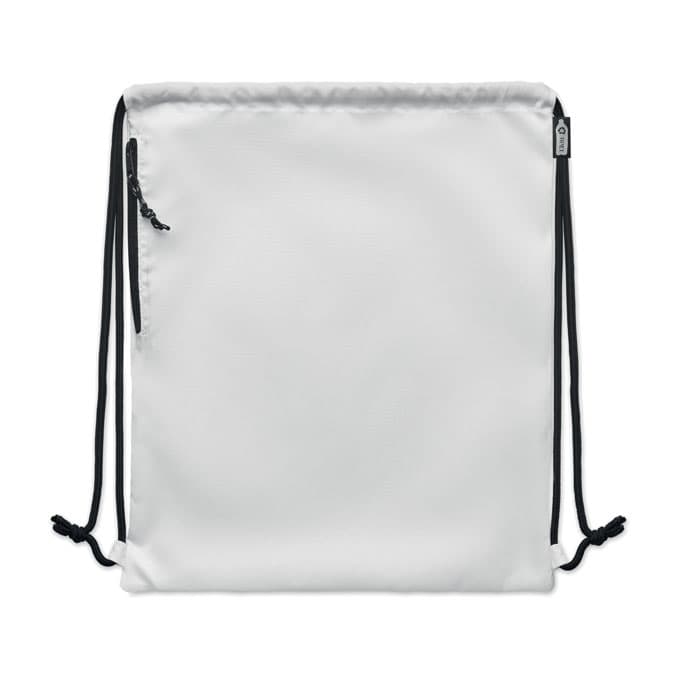 A drawstring bag in white with a black zipper and black cords. It features a simple, minimalist design.