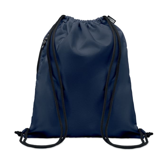 A drawstring backpack in dark navy with black drawstrings and a zippered pocket. It features a logo on the side.