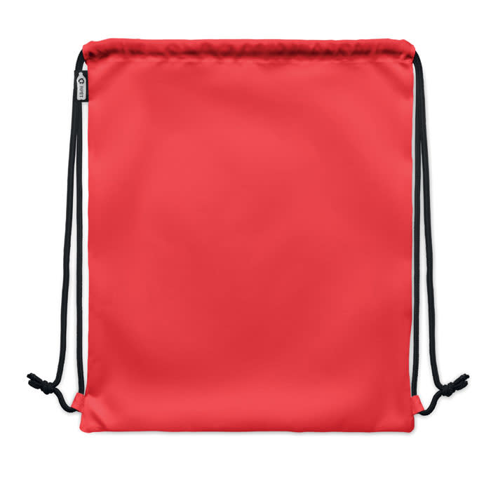 A red drawstring bag with black cords and a small brand logo. Ideal for carrying everyday items.