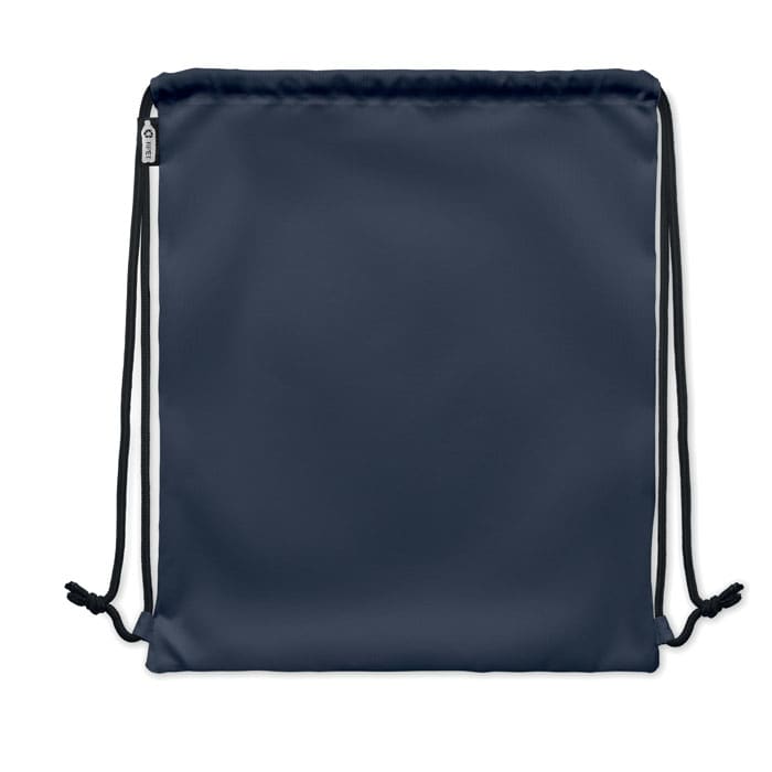A drawstring backpack in navy blue with black drawstrings, featuring a simple design and a logo.