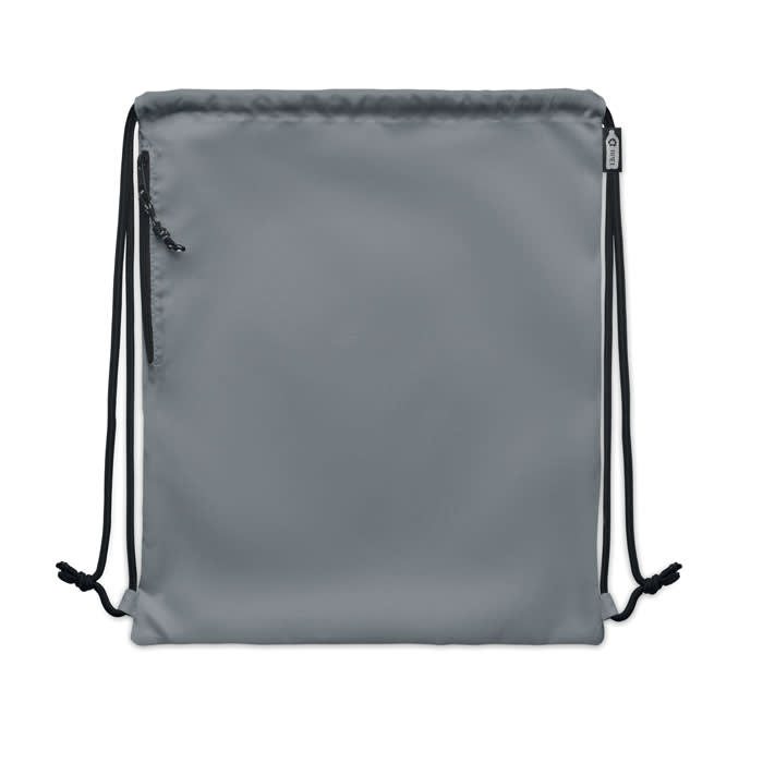 A drawstring backpack in grey with a zippered pocket and black drawstrings. Features a small logo.