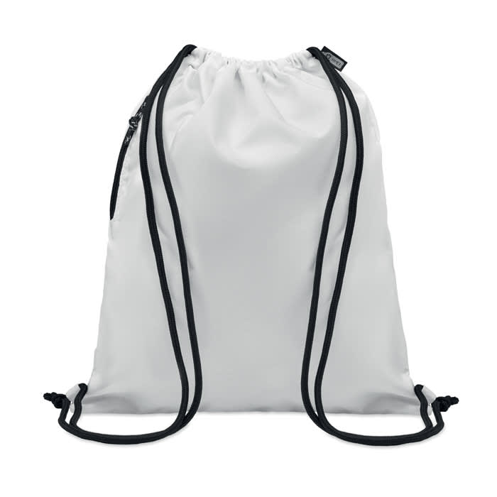 A drawstring backpack in white with black cords and a zippered pocket. Features a simple design.