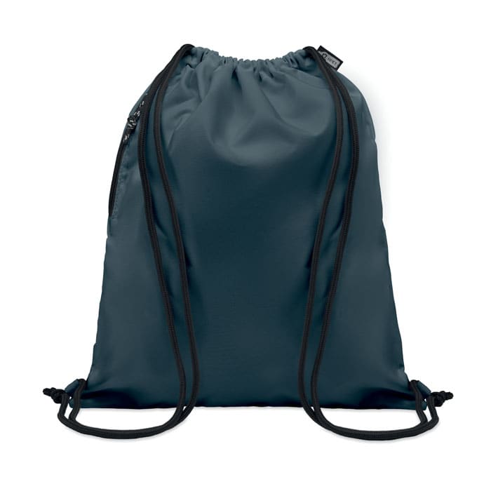 A drawstring backpack in a dark teal colour with black cords and a small side pocket. It features a logo.