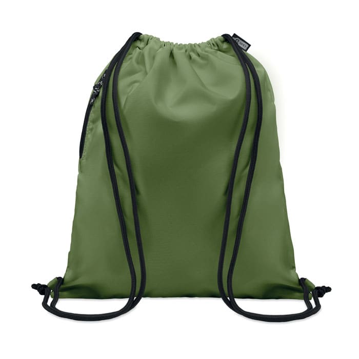 A drawstring backpack in olive green with black cords and a side zipper pocket.