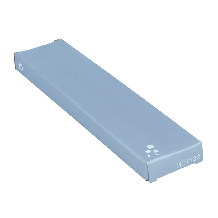 A slim, blue packaging box with a logo and a code printed on the side.