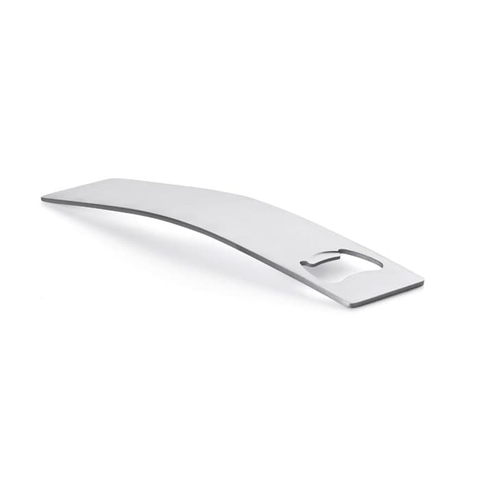 A sleek, silver bottle opener with a curved design and a functional cut-out for bottle caps.