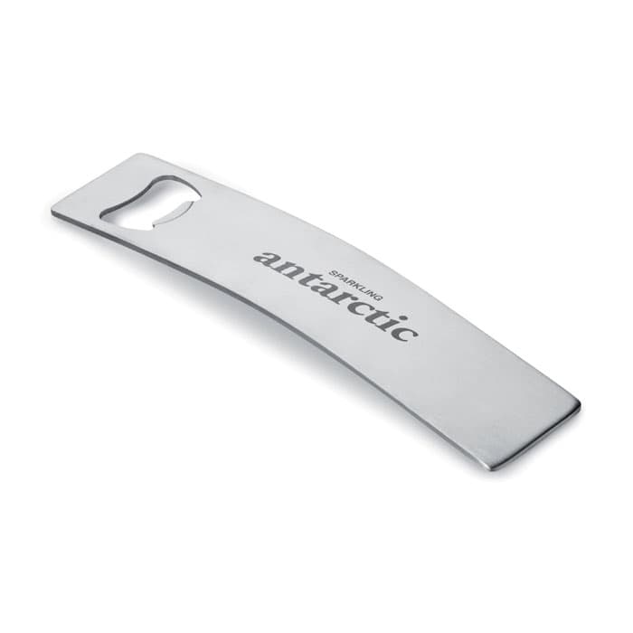 A bottle opener featuring a sleek stainless steel design with a curved handle and a branding logo.