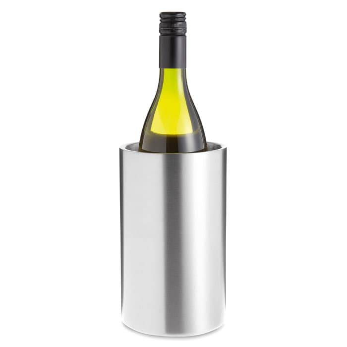 A drink bottle in a sleek silver holder, containing a green bottle of wine. The holder has a modern design.