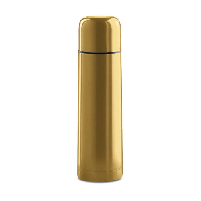 A drink bottle in a shiny gold finish with a sleek, modern design and a small branding logo.