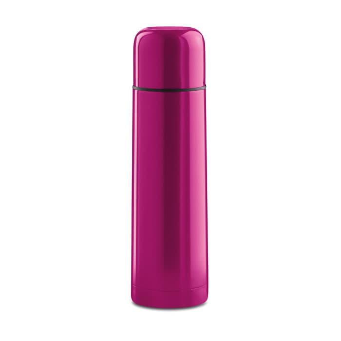 A drink bottle in a glossy pink finish with a sleek design and a black band around the lid.