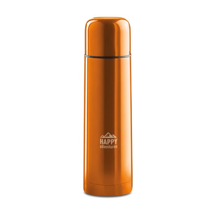 A drink bottle in a vibrant orange colour featuring a logo. It has a sleek, shiny design.
