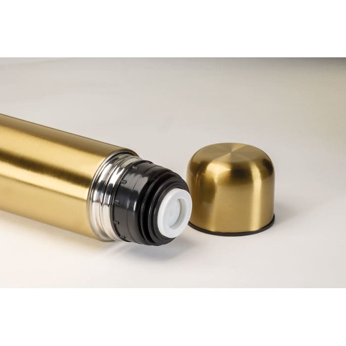 A drink bottle with a sleek gold finish and a black cap, featuring a silver and black neck.
