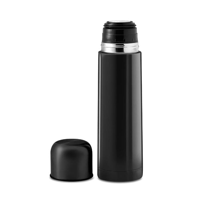 A drink bottle in black with a screw-on lid partially removed, featuring a sleek, stainless steel interior.