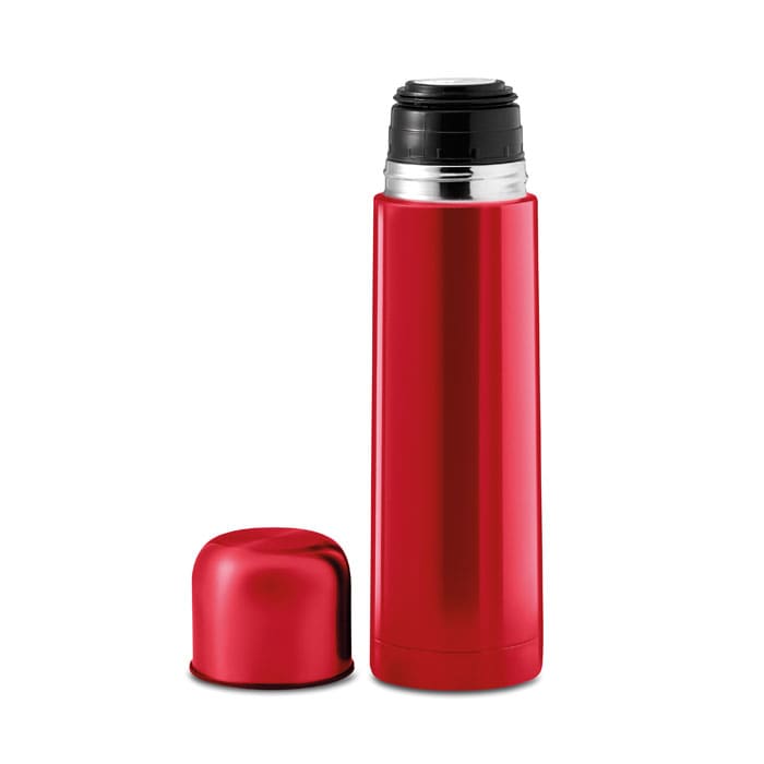 A drink bottle in bright red with a black cap, featuring a shiny, smooth surface and one logo.