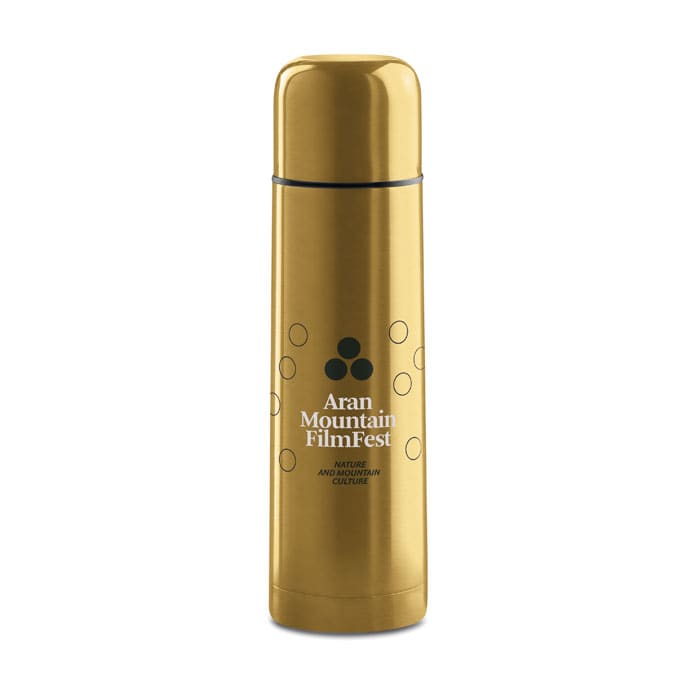 A drink bottle in gold with a sleek design and a logo, featuring a shiny, reflective surface.
