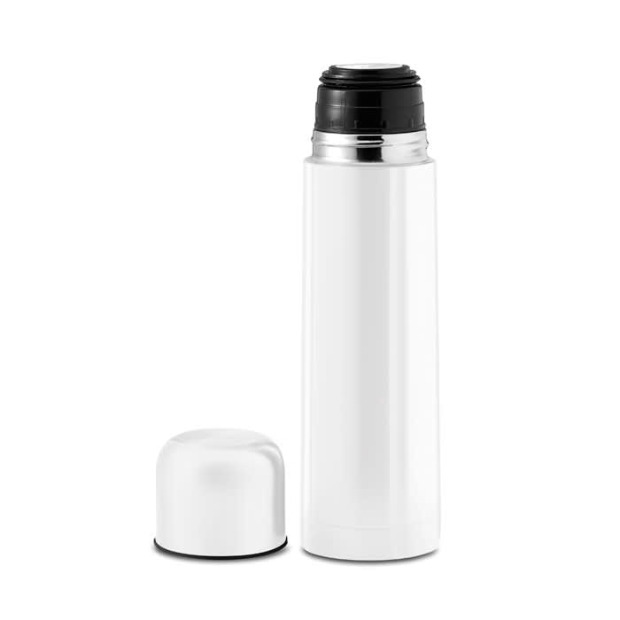 A drink bottle in white with a silver rim and black cap, displayed with the cap removed.
