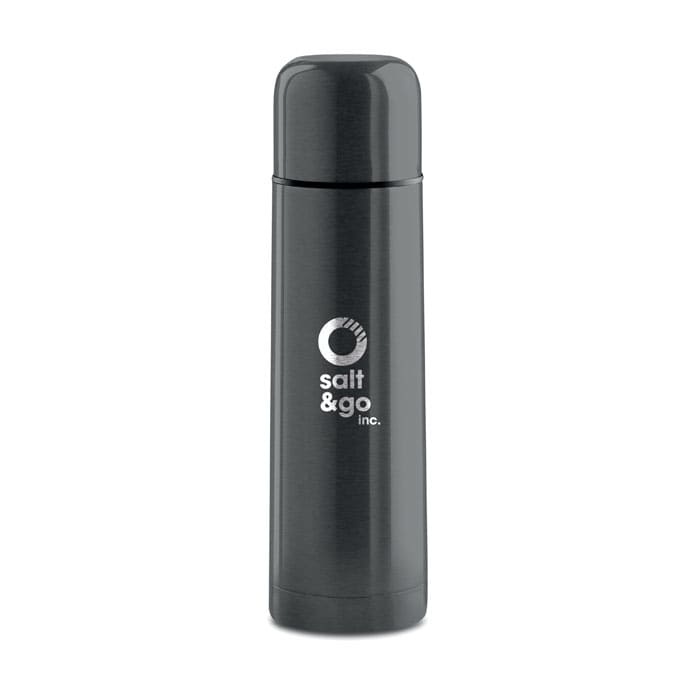 A drink bottle in matte black with a logo on the front, featuring a sleek, cylindrical design.