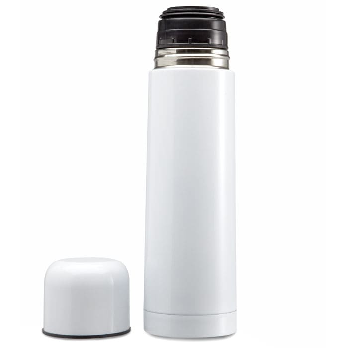 A drink bottle in white with a removable black cap and a silver band. It features a logo.