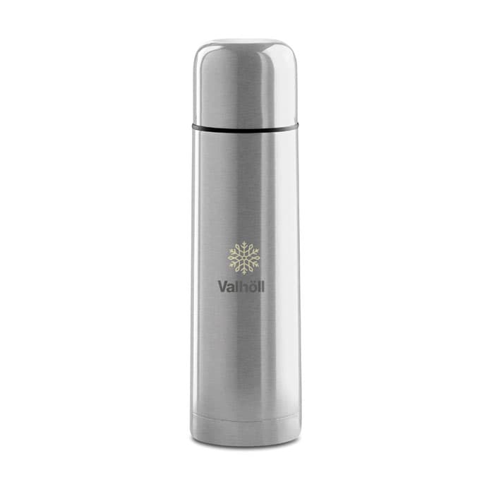 A drink bottle in stainless steel with a shiny finish and a logo on the front.